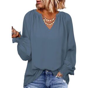 Womens Blue Stylish, Elegant Smocked Long Sleeve V Neck Casual Chiffon Shirt Top